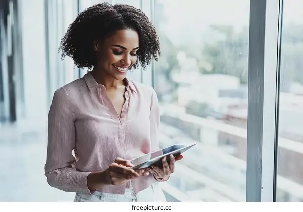Smiling African American Woman Using Digital Tablet in Office