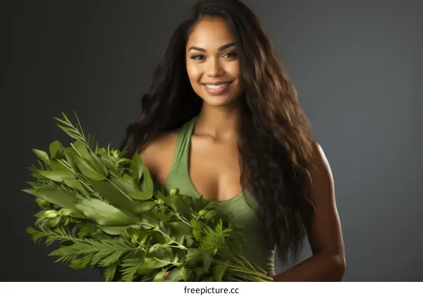 portrait of a smiling woman holding a bouquet of green leaves