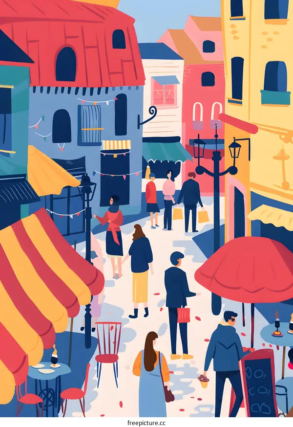 Colorful Illustration of People Walking Through City Street with Shops and Cafe