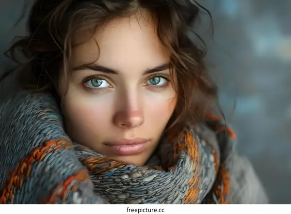 Young Woman with Blue Eyes and a Warm Scarf