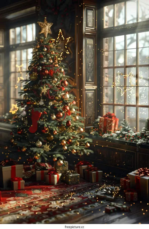 Decorated Christmas Tree in Red, Gold, Green, and White