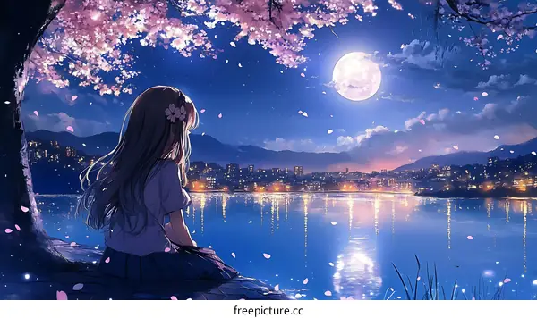 A Beautiful Girl Under Cherry Blossoms at Night