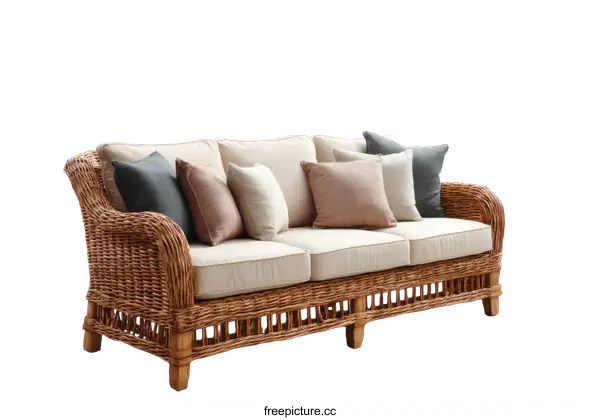[Transparent Background PNG]Wicker Sofa with Cushions in Cream