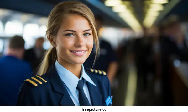 Portrait of a beautiful young blonde female pilot in uniform smiling