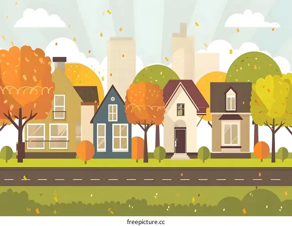 Autumn Cityscape with Houses and Trees