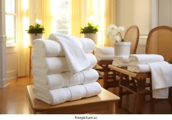 A stack of white towels on a wooden table