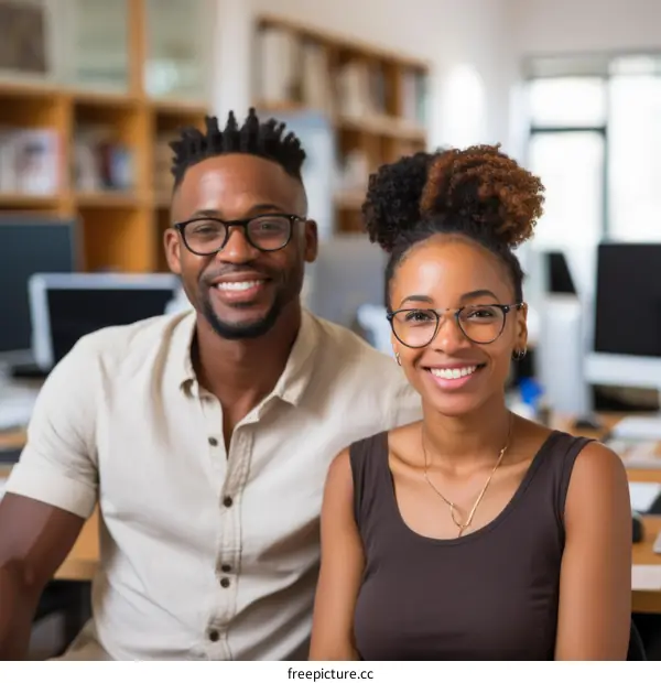 portrait of two smiling african american professionals in an office