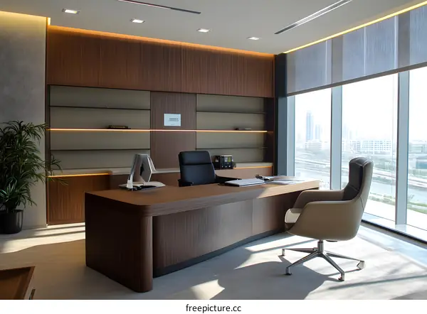 Modern Office Interior Design With Wooden Desk And View