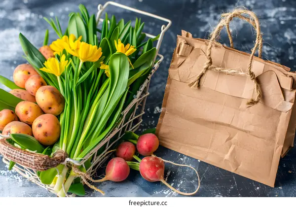 Fresh Spring Vegetables and Flowers in a Shopping Basket
