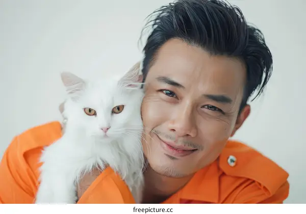 A smiling Asian man with a white cat on his shoulder
