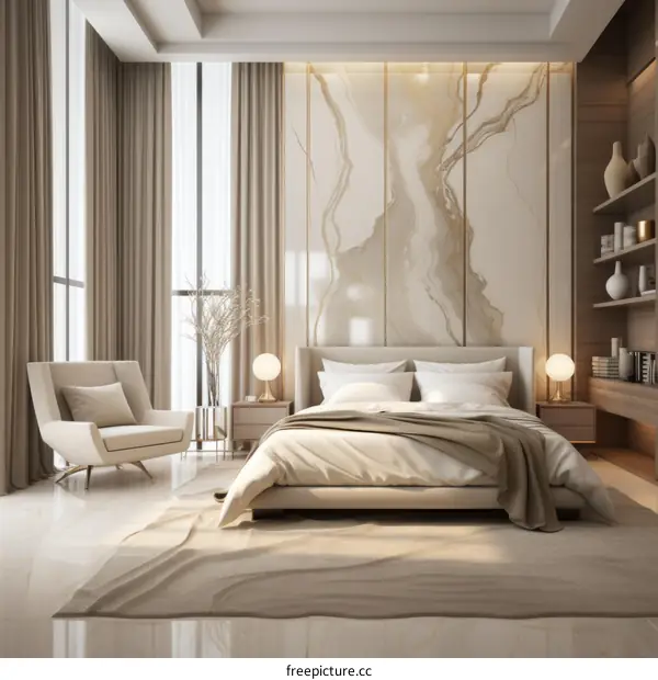 Modern bedroom interior design with marble wall and large windows