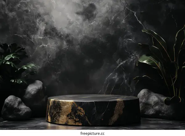 Dark Marble Podium with Tropical Plants
