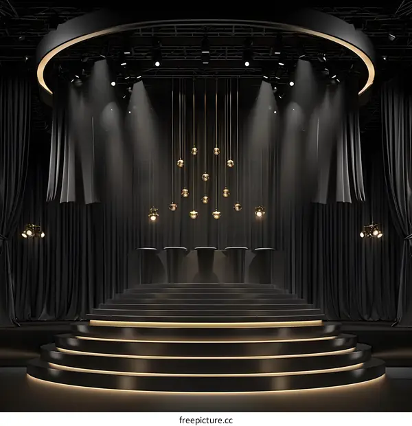 Black Stage with Golden Lights and Circular Stairs