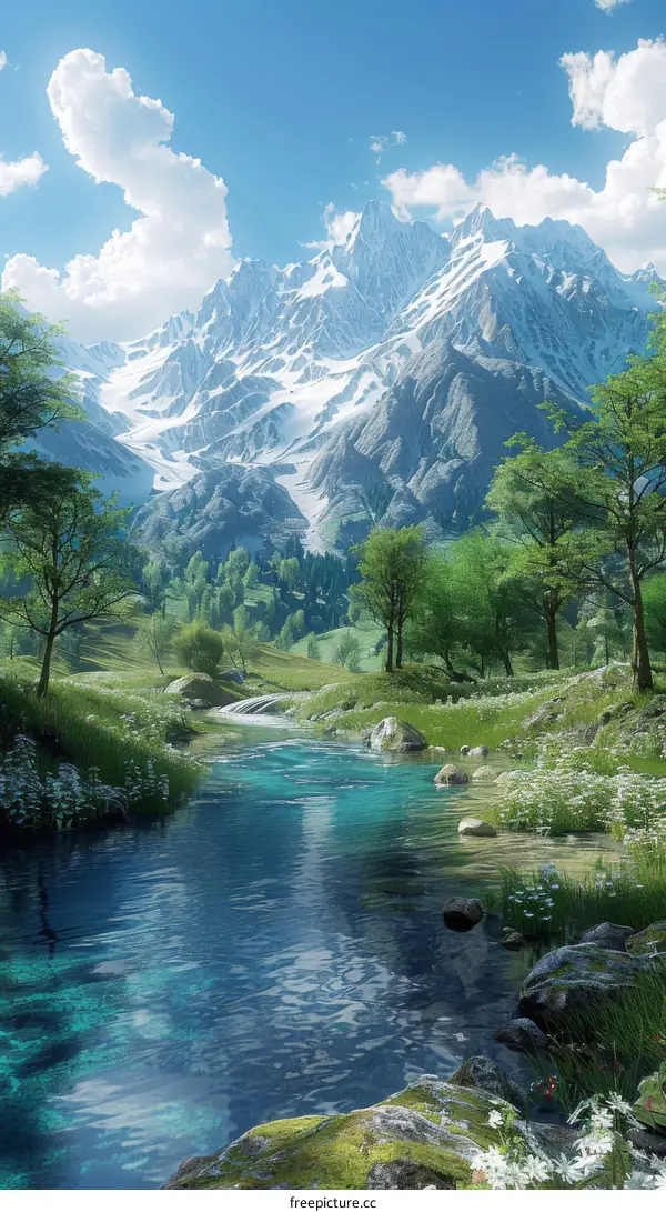 Majestic Snowy Mountains and Serene Valley with Lush Greenery