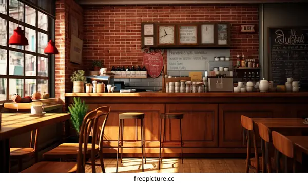 Cozy Corner: Inviting Coffee Shop with Brick Walls and Wooden Decor
