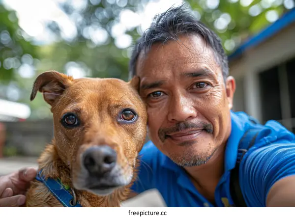 Smiling man with brown dog