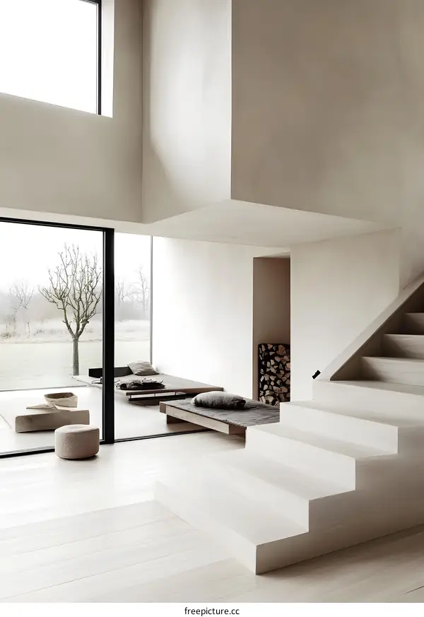 Minimalist Modern Home Interior Design with White Walls and Wooden Stairs