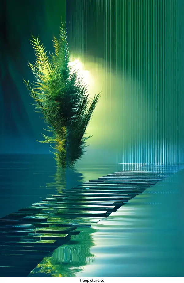 Abstract Piano Keys Pathway Illustration with Green Plant
