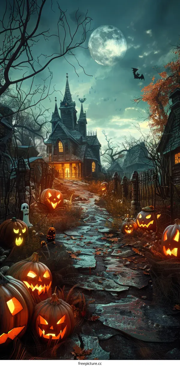 Spooky Haunted House with Pumpkins and Bats