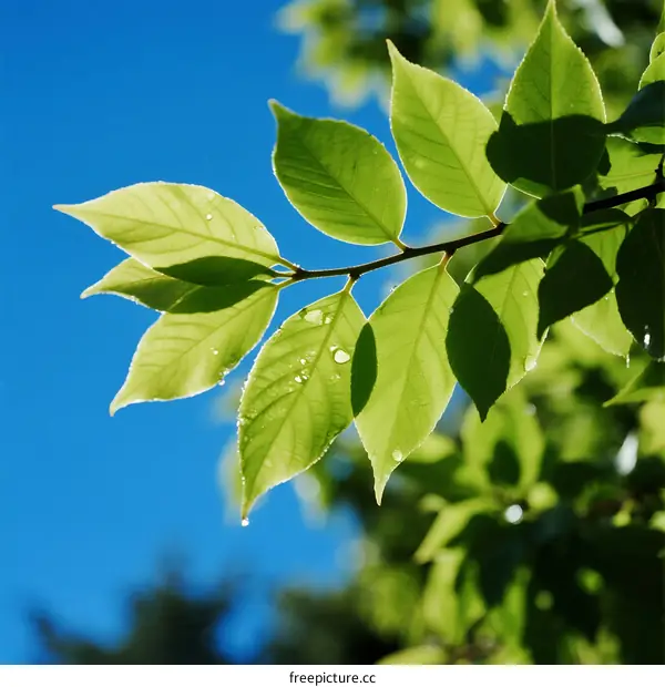 Fresh Green Leaves with Water Drops Under Blue Sky
