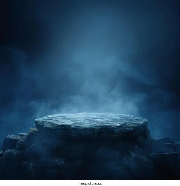 Mystical stone pedestal with dark blue glowing fog