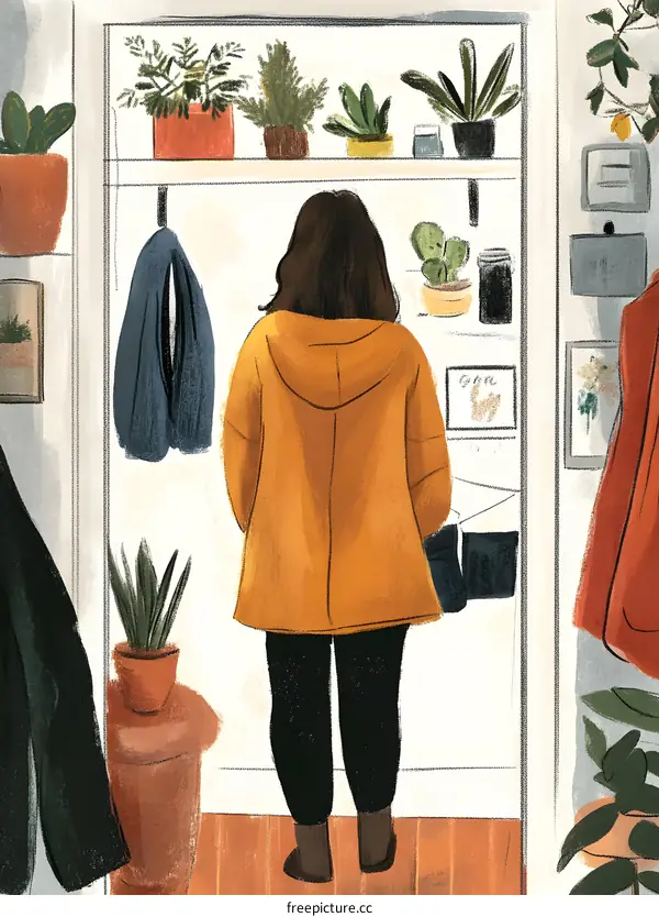 Woman in Yellow Jacket Standing by Shelf with Plants