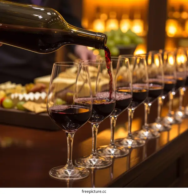Person pouring red wine into glasses for tasting