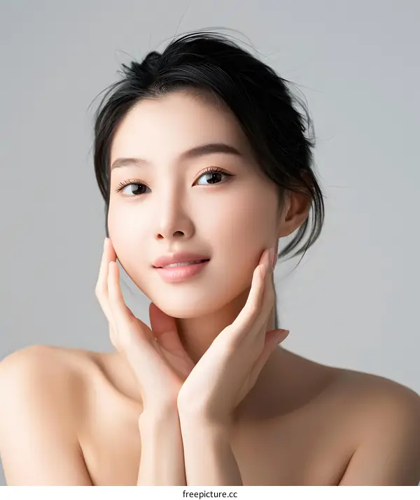 Beautiful Asian Woman with Clean Skin and Soft Makeup Posing in Studio