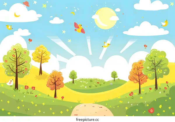 Cartoon Illustration Of A Sunny Spring Day With Birds