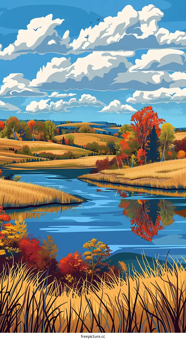 Fall Landscape with River and Sky