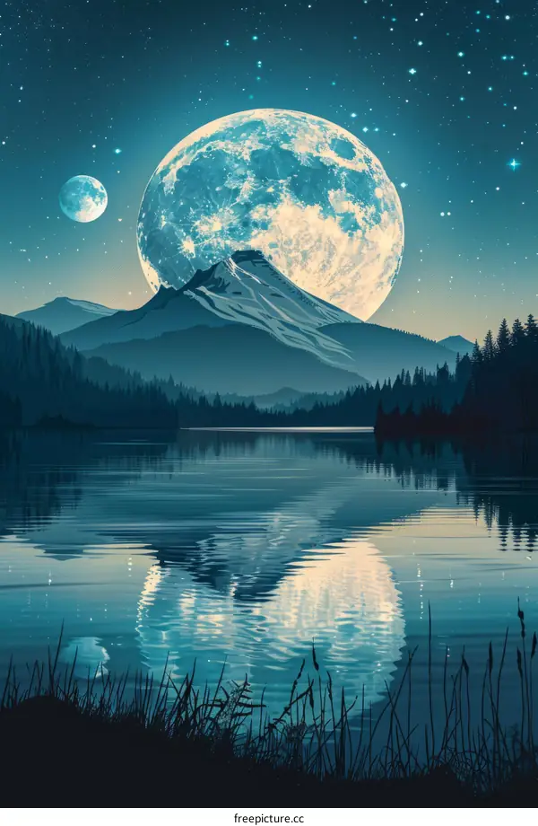 Tranquil Night by the Lake with a Full Moon and Mountain View