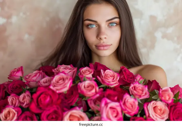 portrait of a beautiful young woman with a bouquet of roses