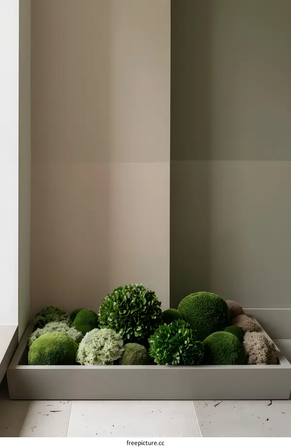 Green Ball Plants in Wooden Box Against Neutral Wall