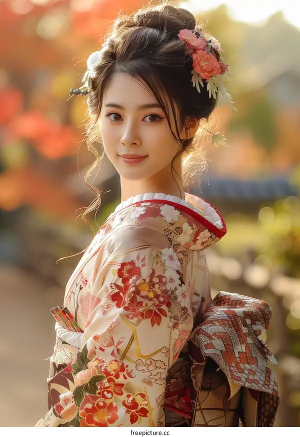 Portrait of a beautiful Japanese woman in traditional kimono