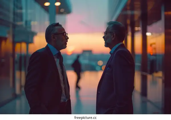 Two businessmen having a serious conversation in an office building