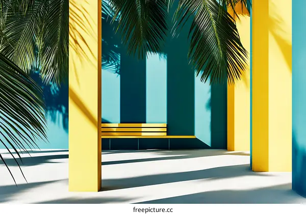 Minimalist Yellow Bench with Palm Tree and Blue Wall