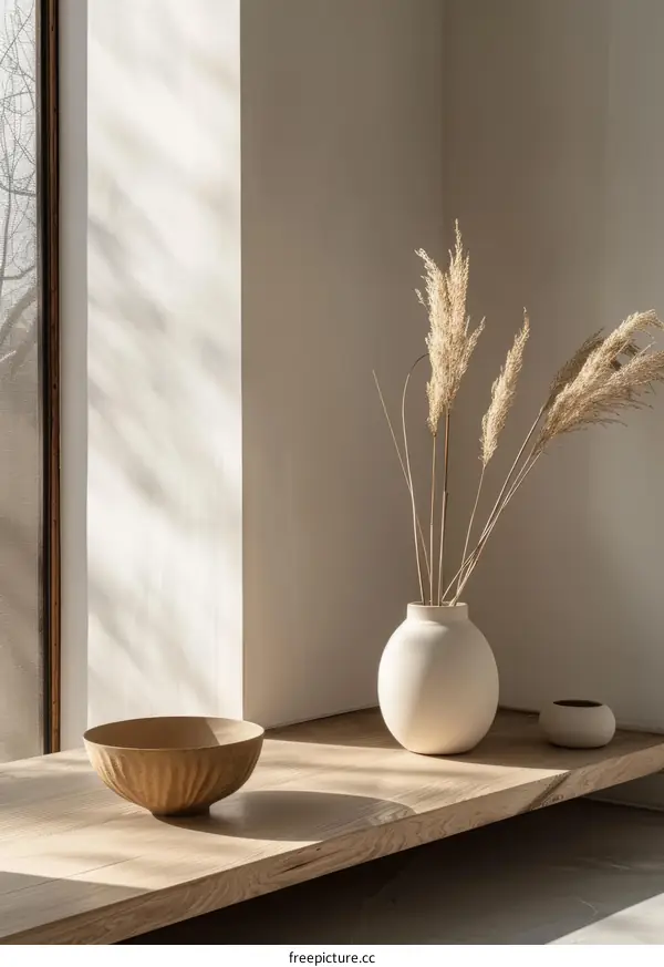 A ceramic vase with pampas grass sits on a wooden shelf.