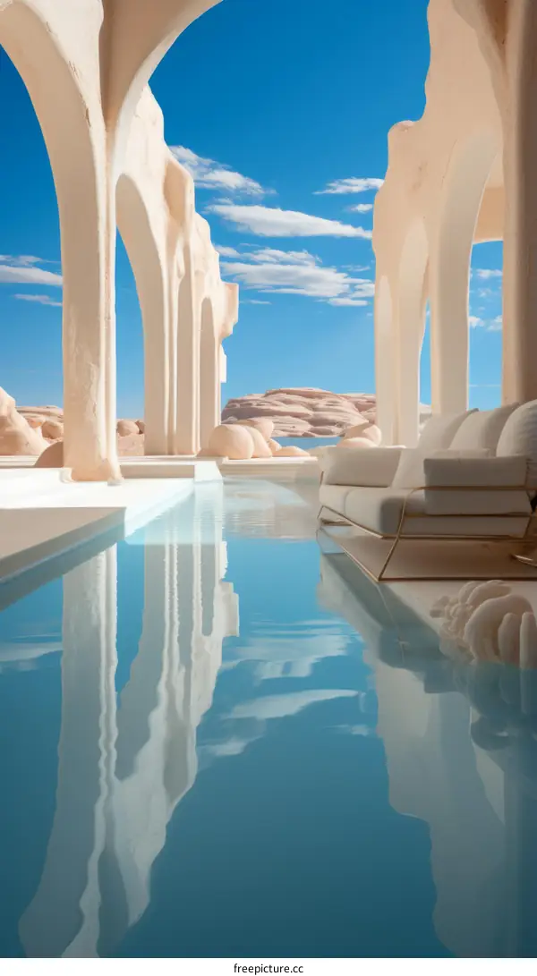 Futuristic Desert Oasis with Infinity Pool and Lounge Area