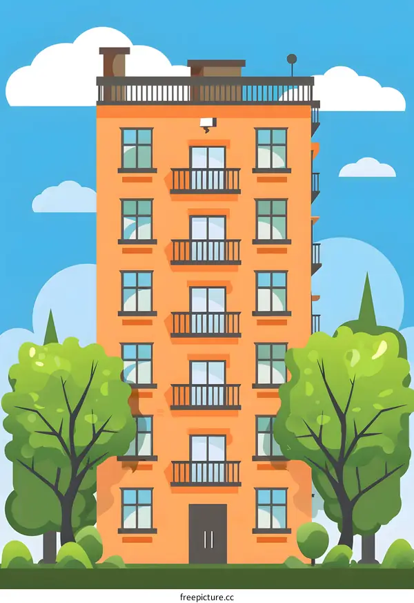 Orange Apartment Building With Balconies and Trees