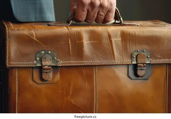 A businessman holds an old brown leather briefcase in his hand