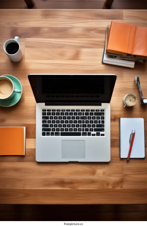 Laptop, Notebooks, and Coffee on a Desk