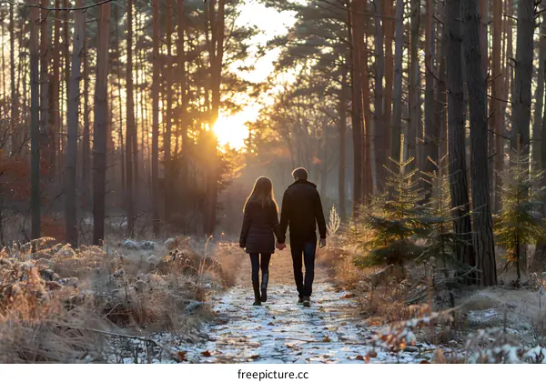 Couple Walking Through a Snowy Forest at Sunset