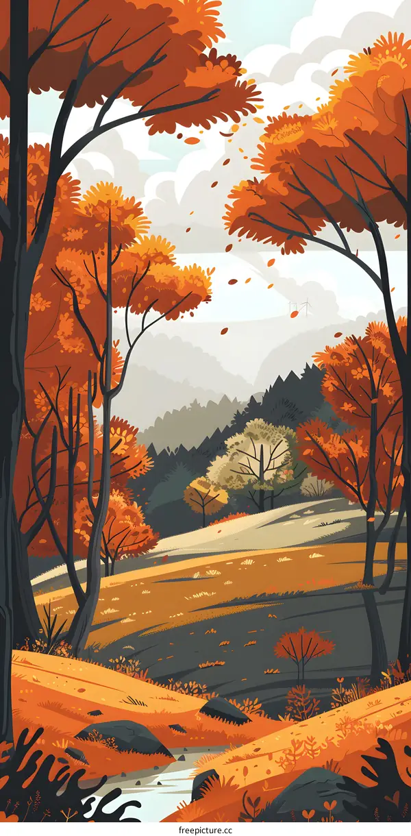 Autumn Landscape Illustration with Trees and Stream