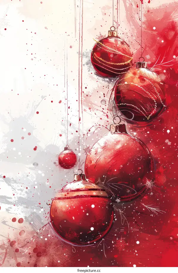 Red Christmas ornaments hanging from white snowy background