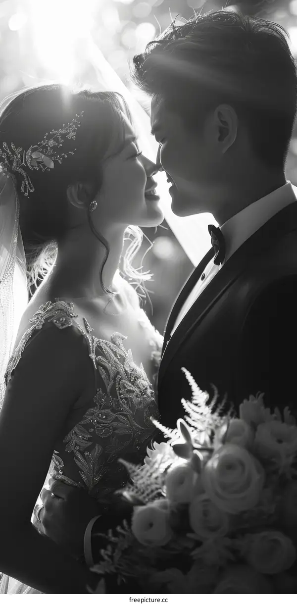 Asian couple in wedding dress and tuxedo with a bouquet of flowers