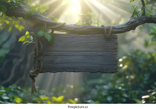 Wooden Sign Hanging on a Branch with Green Forest Background