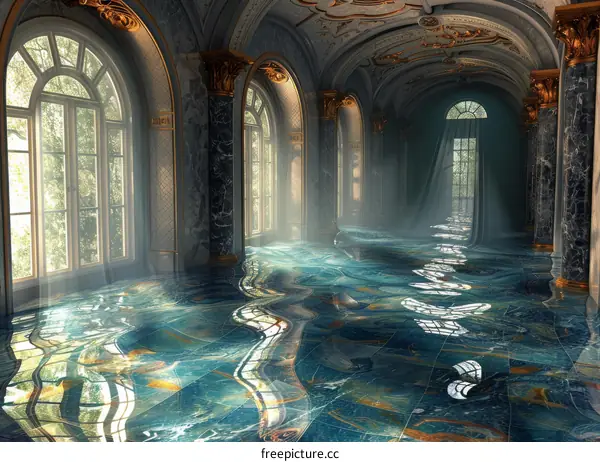 Lavish Surrealistic Hallway with Marble Floor and High Arched Windows