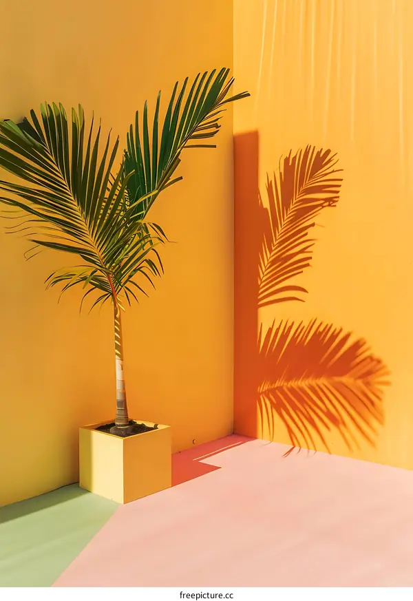 Palm Tree in a Corner of Yellow Wall