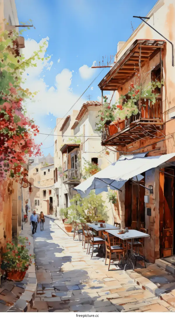 Watercolor Painting of a Narrow Street in a Mediterranean Village