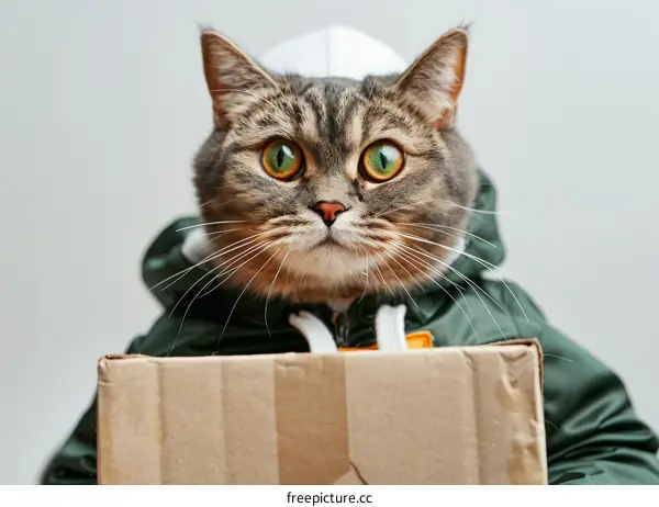 A Green-clad Cat Sitting in a Box with Curiosity
